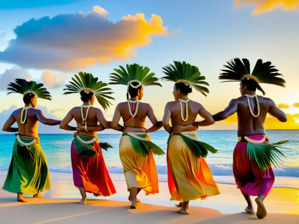 Grupo de bailarines micronesios en la playa al atardecer, con trajes tradicionales coloridos