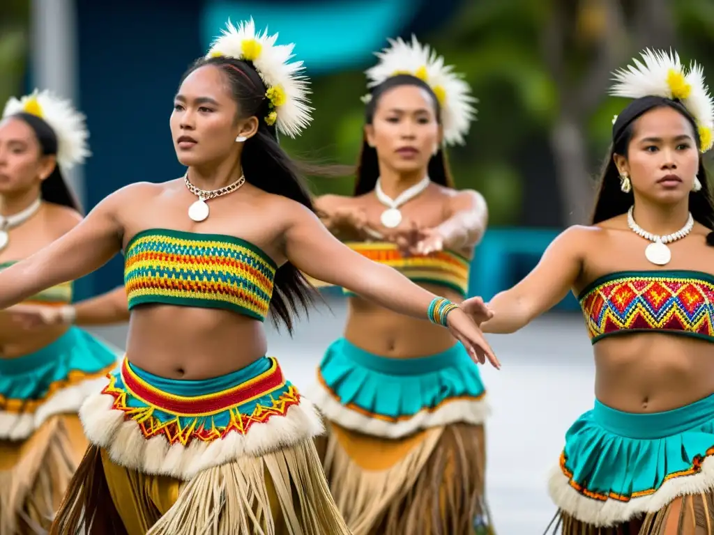 Grupo de bailarines Micronesios en trajes tradicionales, expresando el impacto de la vestimenta en la danza de Micronesia