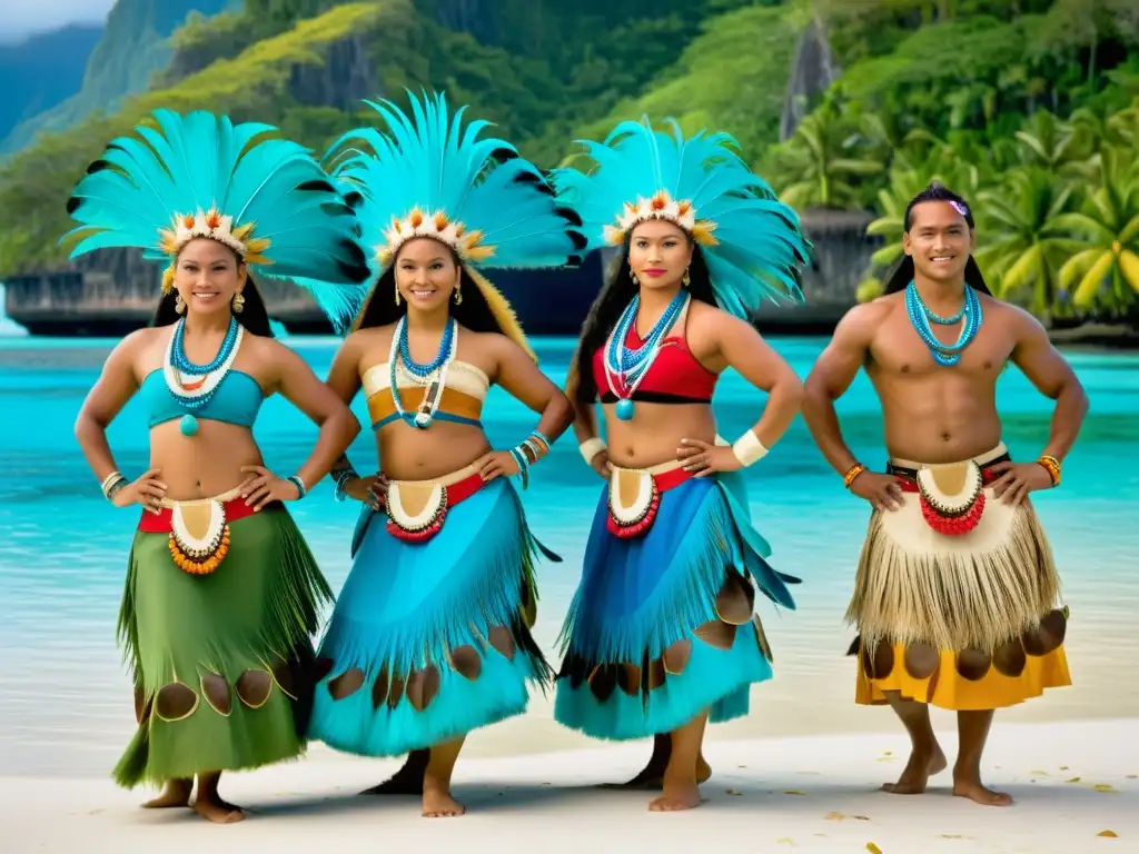 Grupo de bailarines micronesios con trajes tradicionales, danzando entre exuberante vegetación y aguas azules