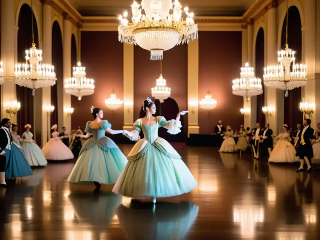 Grupo de bailarines realizando el minueto francés en un salón de baile