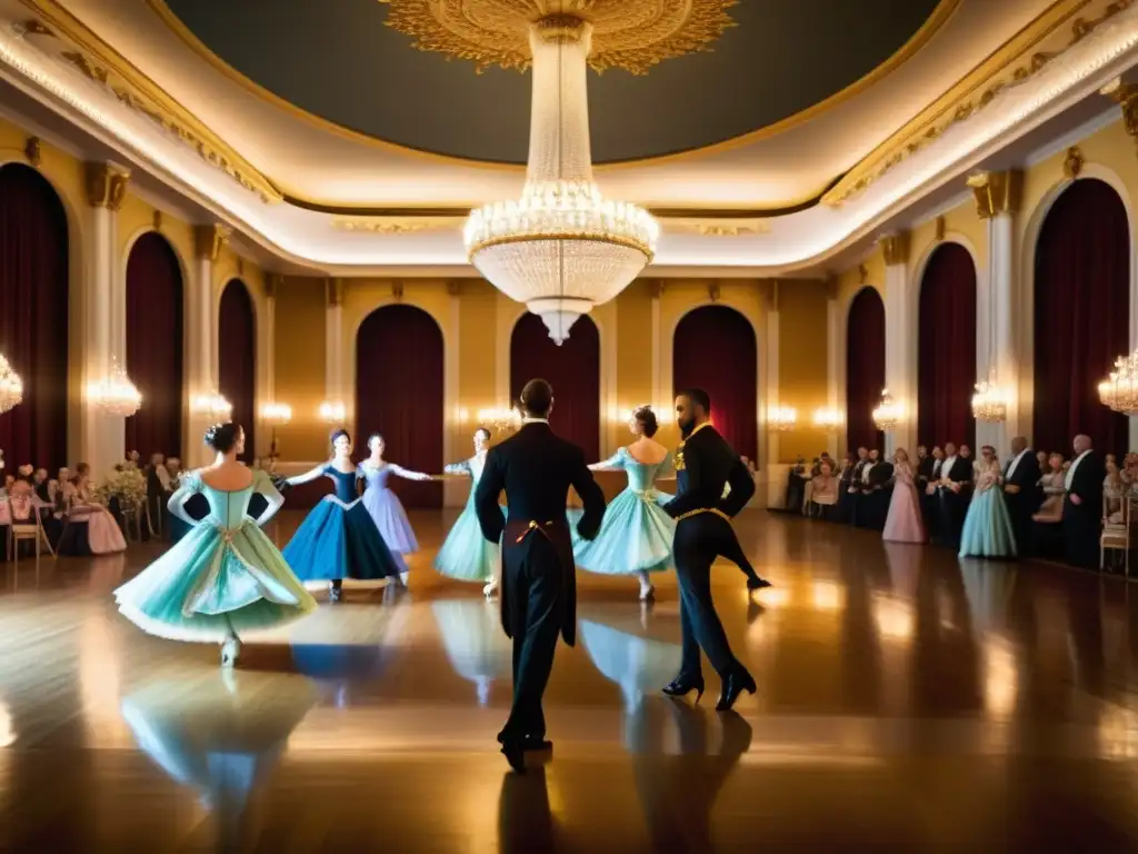 Grupo de bailarines ejecutando el minueto en un opulento salón de baile