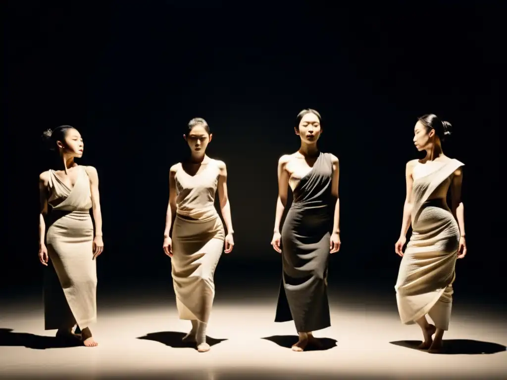 Un grupo de bailarines en moda japonesa expresiva ejecutan danza butoh en un estudio