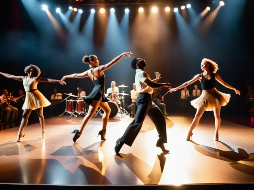 Grupo de bailarines modernos en escenario con influencia de jazz, capturando el impacto del jazz en la danza moderna