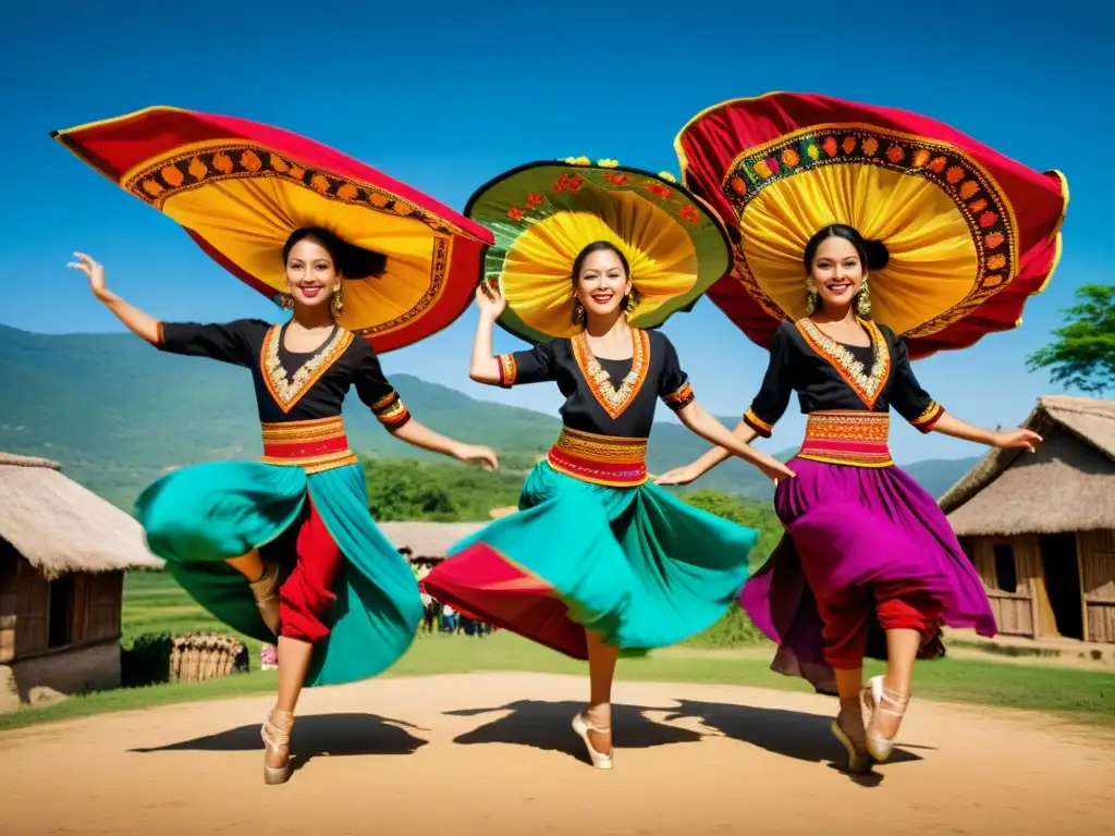 Grupo de bailarines modernos ejecutando una rutina dinámica en trajes vibrantes con influencia del vestuario en danza folklórica, en un ambiente rural