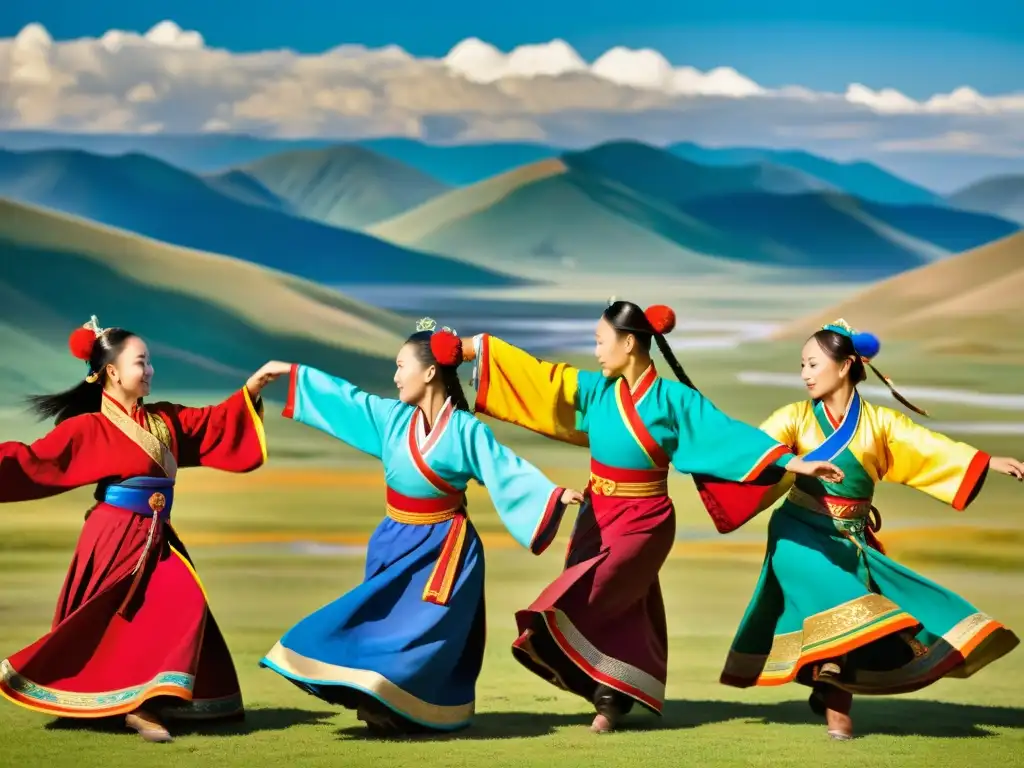 Grupo de bailarines mongolas realizando una danza tradicional con gracia y precisión en un escenario colorido