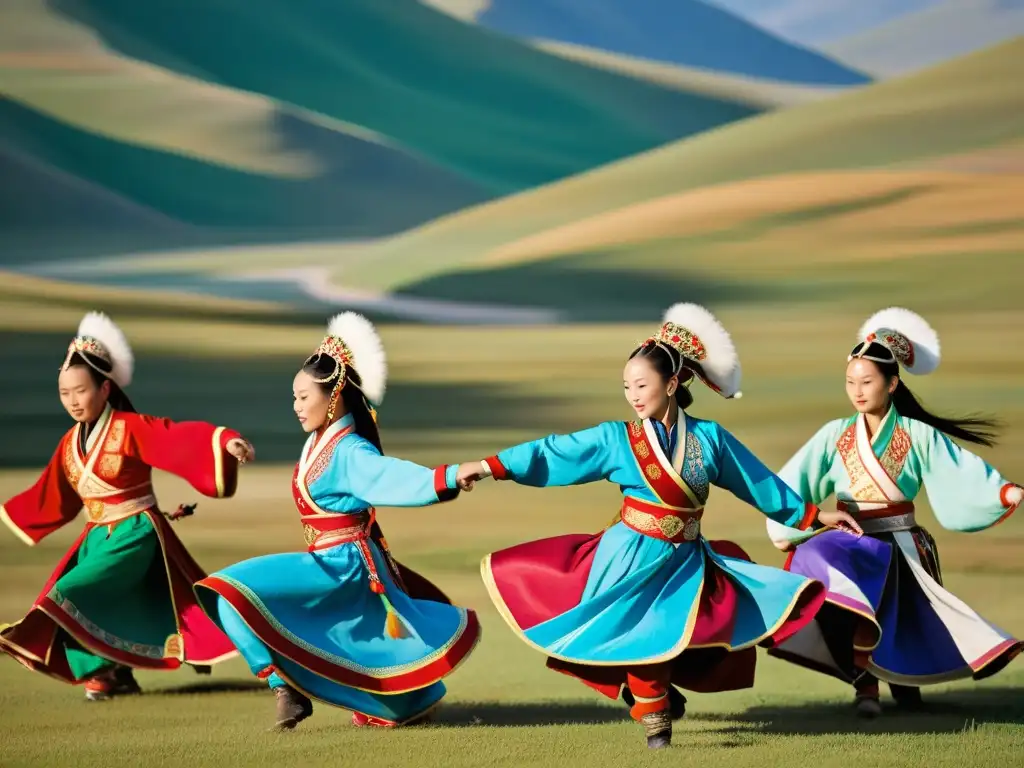 Grupo de bailarines mongolas con trajes tradicionales deslumbrantes danzando en las estepas, enseñanza de danzas tradicionales mongolas