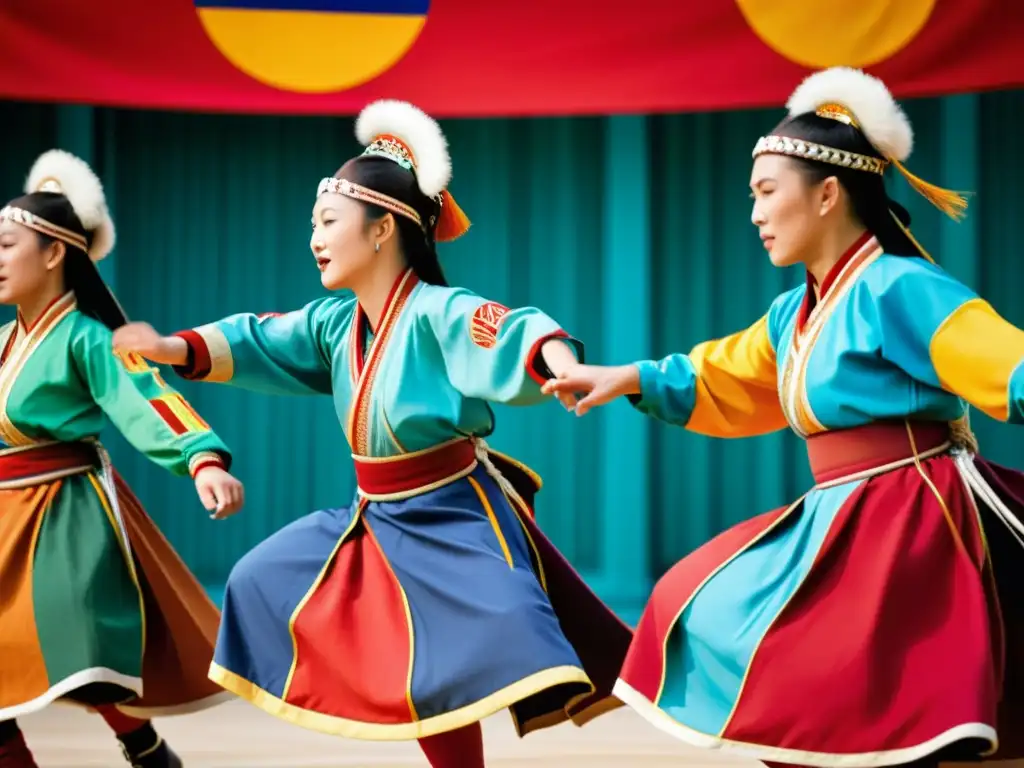 Grupo de bailarines mongoles con trajes vibrantes, danza tradicional Morin Khuur Mongol en paisaje grandioso