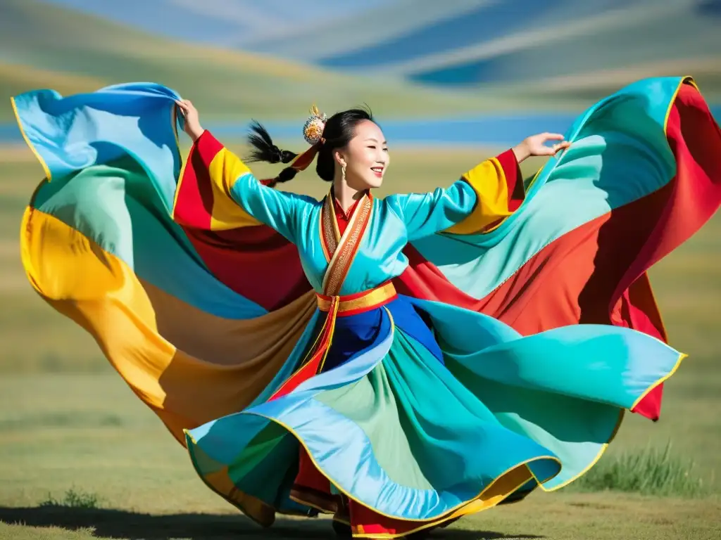 Grupo de bailarines mongoles en trajes tradicionales, moviéndose graciosamente en la pradera bajo el cielo azul