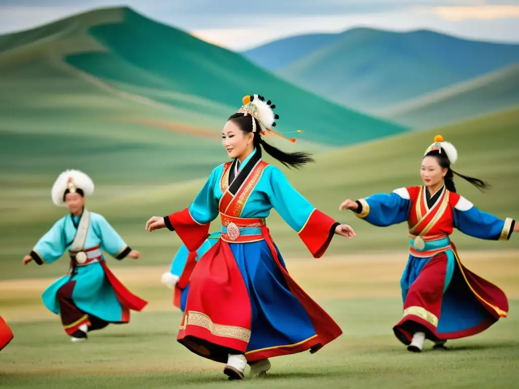 Grupo de bailarines en Mongolia con coloridas vestimentas tradicionales, danzando en las estepas