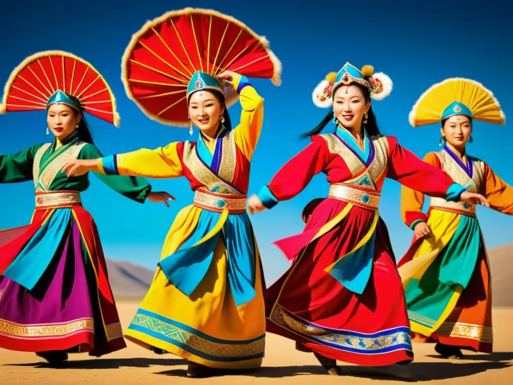 Grupo de bailarines en Mongolia con deslumbrantes vestimentas tradicionales de danza