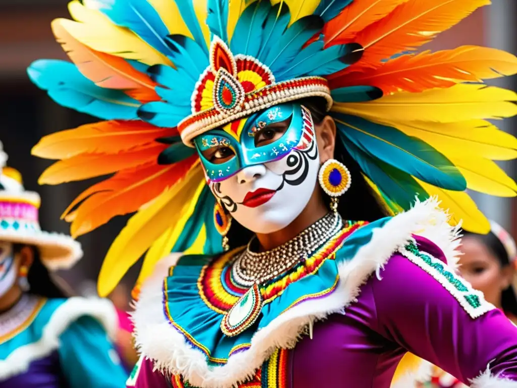 Grupo de bailarines de La Morenada en el Gran Poder La Paz, con trajes coloridos y máscaras, expresando la energía y tradición boliviana