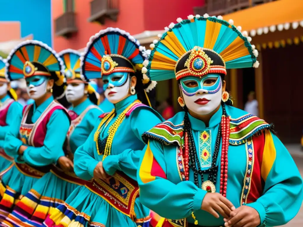 Grupo de bailarines de La Morenada en el Gran Poder La Paz, con trajes vibrantes y expresiones apasionadas, danzando en medio de la festividad