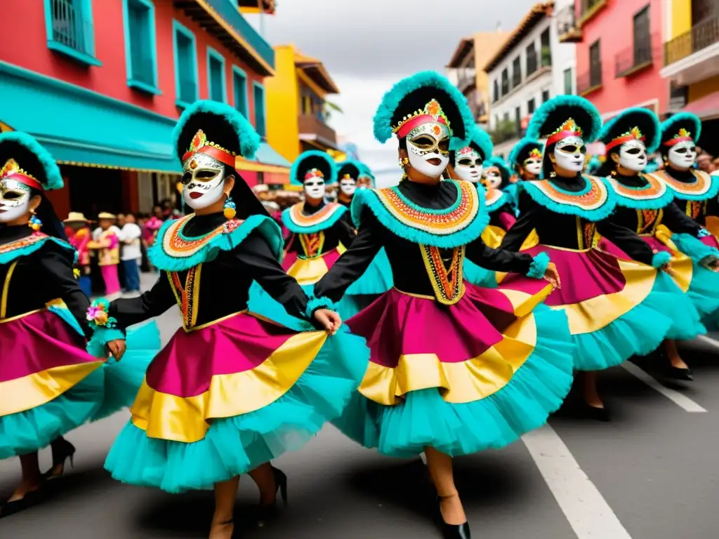 Grupo de bailarines de La Morenada desfilando en el Gran Poder La Paz, con trajes vibrantes y máscaras, en medio de una animada celebración cultural