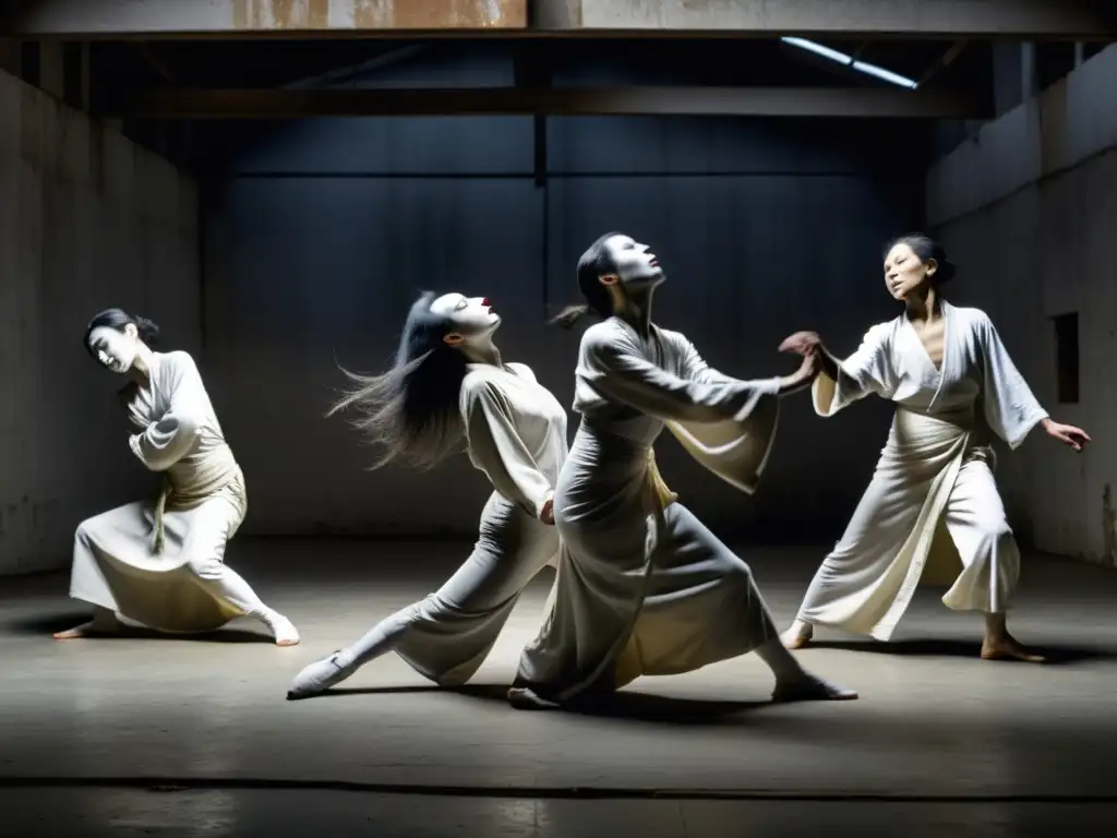 Grupo de bailarines de Butoh en movimiento lento, expresando angustia y serenidad en un almacén abandonado