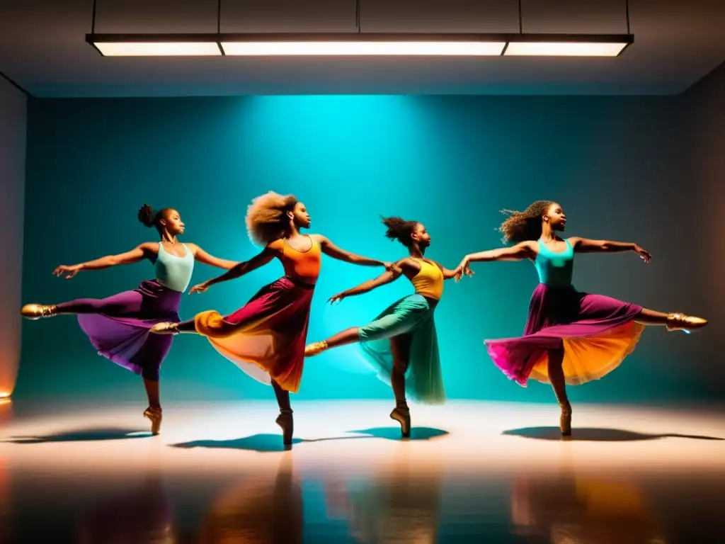 Un grupo de bailarines en movimiento, con trajes vibrantes que dejan un rastro de color