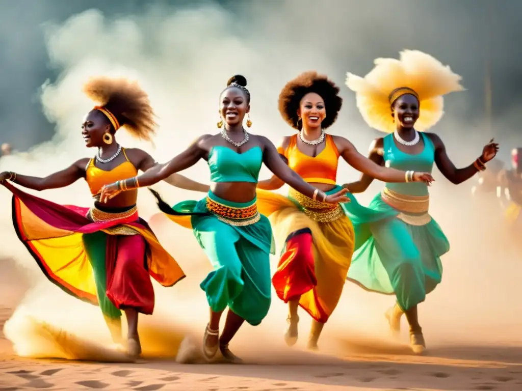 Grupo de bailarines en movimiento, vistiendo trajes africanos vibrantes, con energía y pasión en los pasos básicos de danza africana