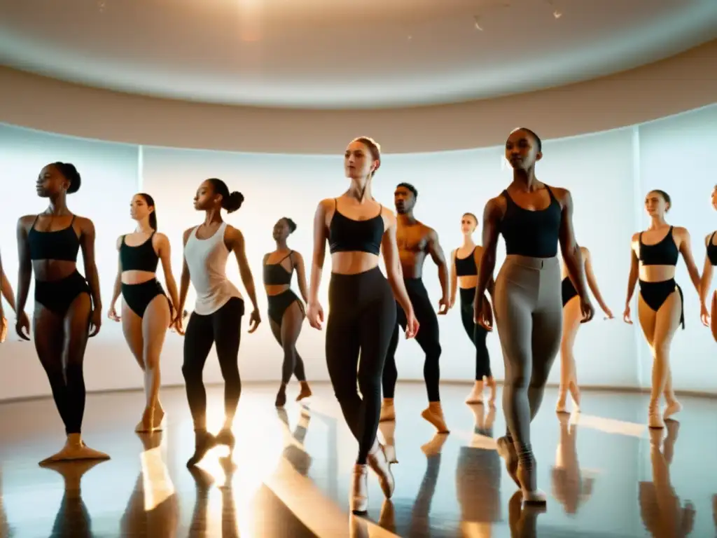 Un grupo de bailarines diversos fusiona movimientos de danza contemporánea y tradicional en un estudio lleno de energía creativa y colaboración