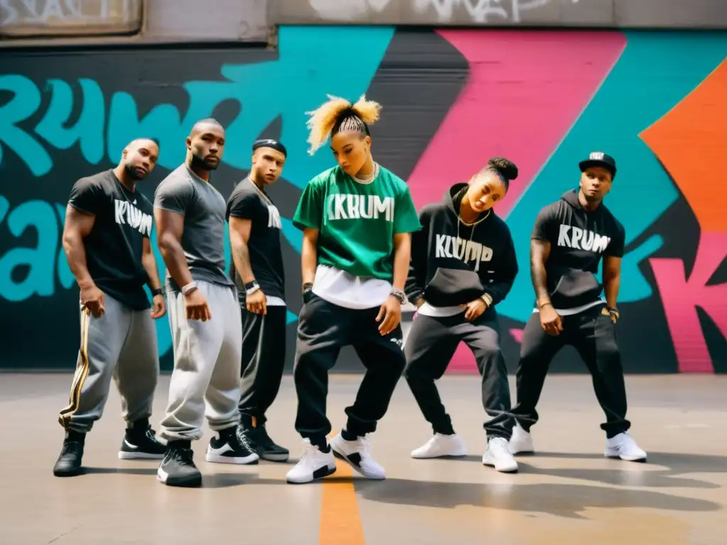 Grupo de bailarines krump con movimientos intensos y expresivos en un entorno urbano vibrante