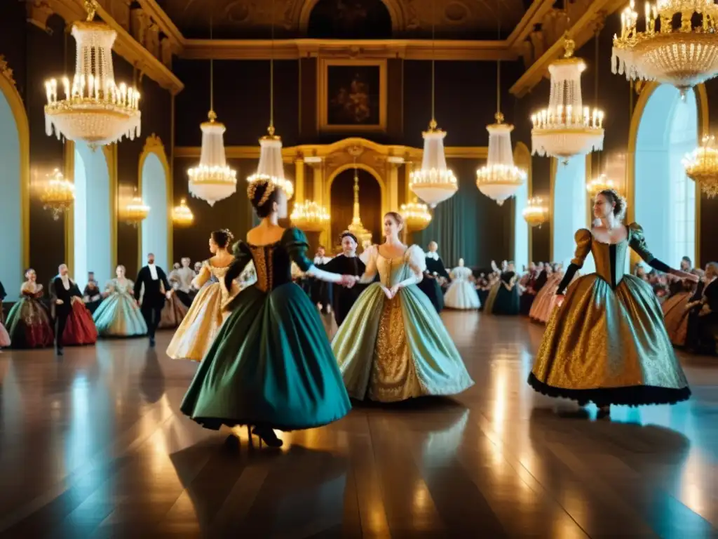 Grupo de bailarines ejecutando movimientos precisos y elegantes en una danza barroca, evocando la elegancia y etiqueta de la época