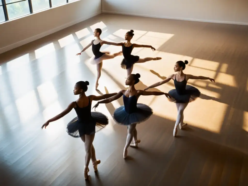 Un grupo de bailarines practica movimientos sincronizados en un estudio iluminado por el sol