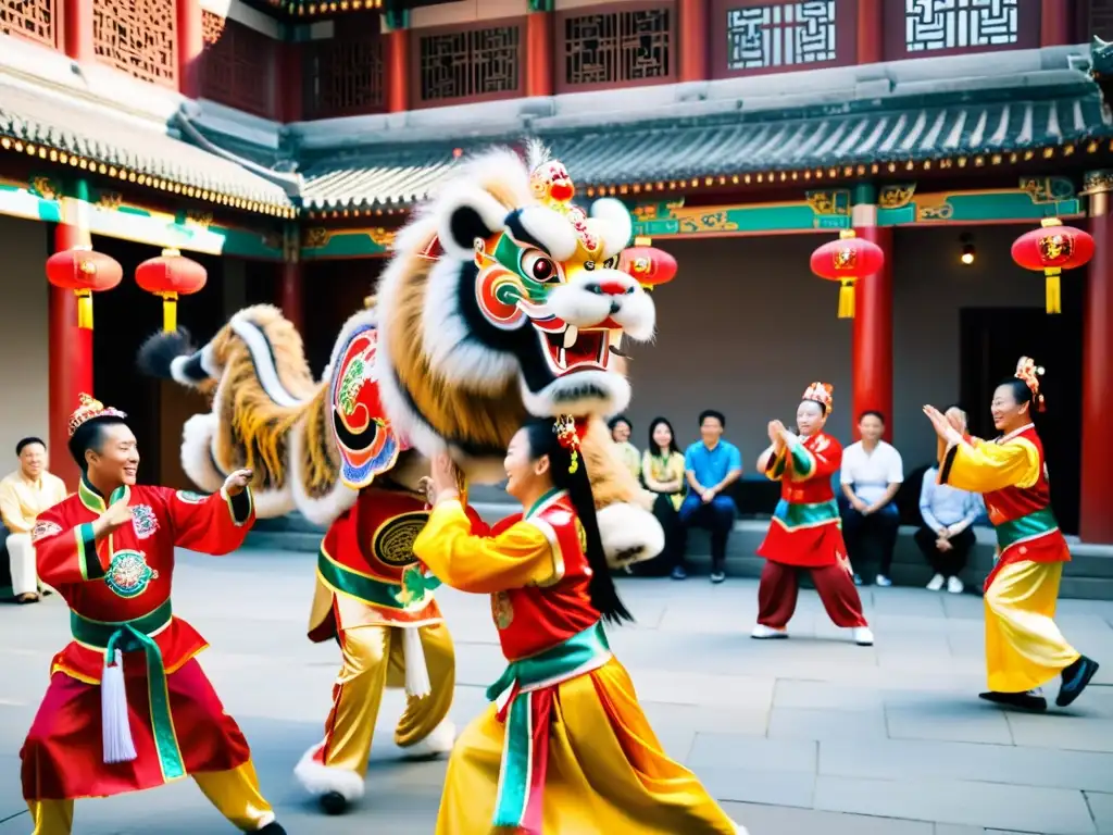 Un grupo de bailarines de león chinos realiza movimientos vibrantes y coloridos en un patio, rodeados de espectadores asombrados y entusiastas