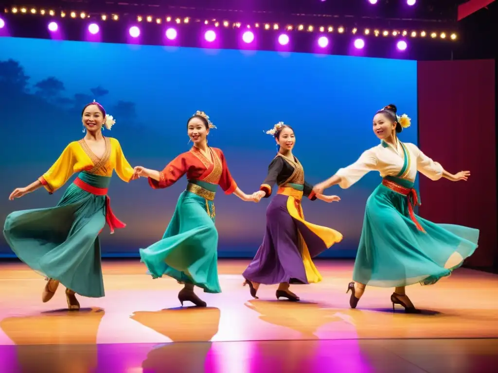 Grupo de bailarines multiculturales ejecutan danzas asiáticas en un escenario moderno con luces vibrantes, fusionando tradiciones en Occidente