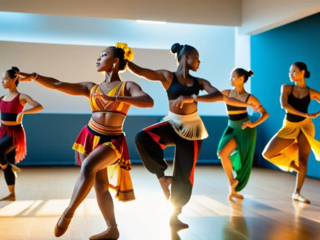 Un grupo de bailarines de todo el mundo practican danzas tradicionales en un estudio iluminado por el sol