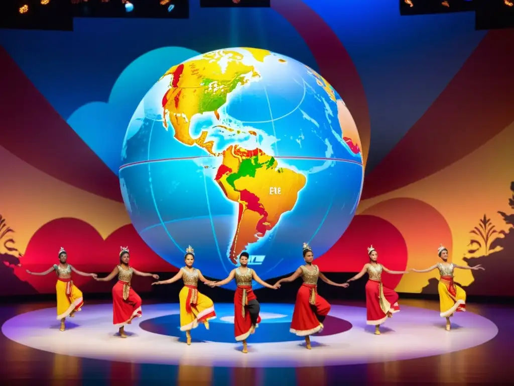 Un grupo de bailarines de todo el mundo, con trajes tradicionales, realiza una danza vibrante en un escenario digital