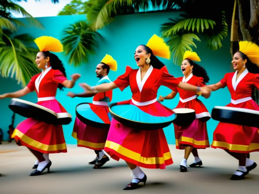 Grupo de bailarines y músicos de bomba puertorriqueña bajo un flamboyán vibrante, expresando pasión y poder