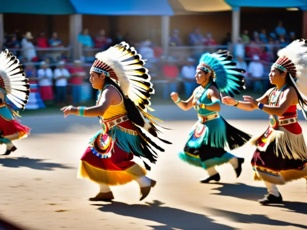 Grupo de bailarines nativos americanos en un vibrante festival de danza nativa americana, con trajes coloridos y movimiento energético