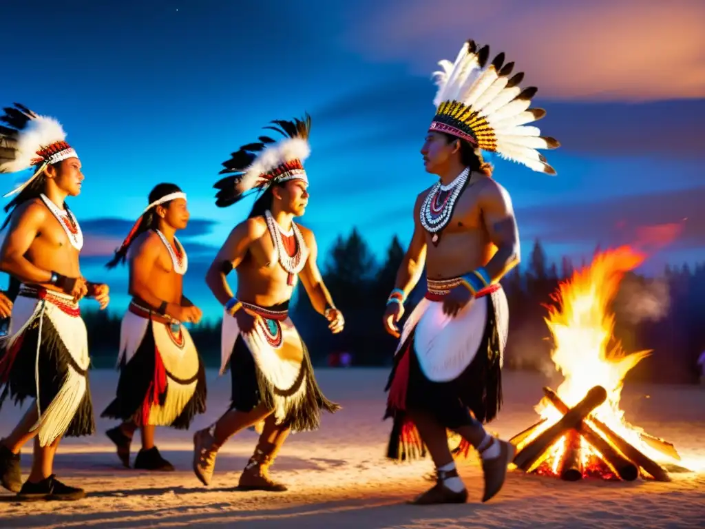 Grupo de bailarines nativos americanos en regalia tradicional, bailando alrededor de una fogata en un festival de danza nativa americana