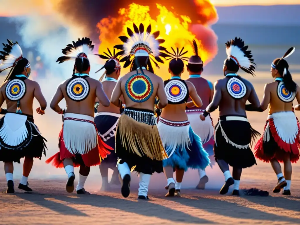 Grupo de bailarines nativos americanos realizando la sagrada danza del Sol, honrando sus tradiciones y conectando con la naturaleza