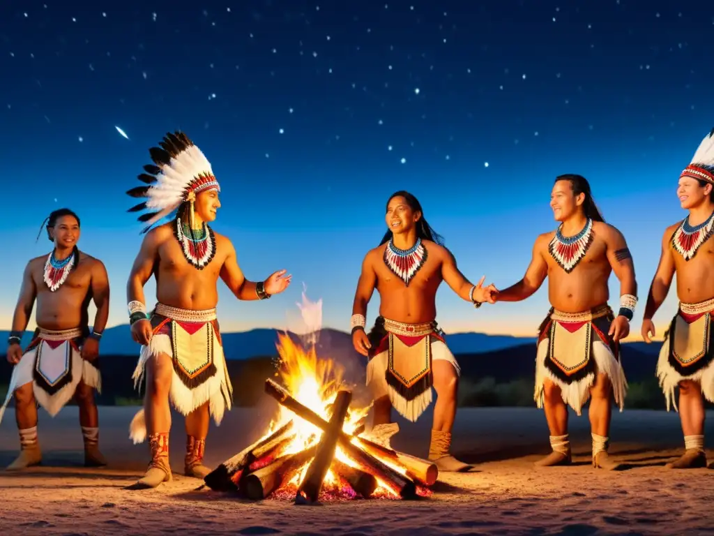 Grupo de bailarines nativos americanos realizando danza tradicional alrededor de fogata bajo un cielo estrellado