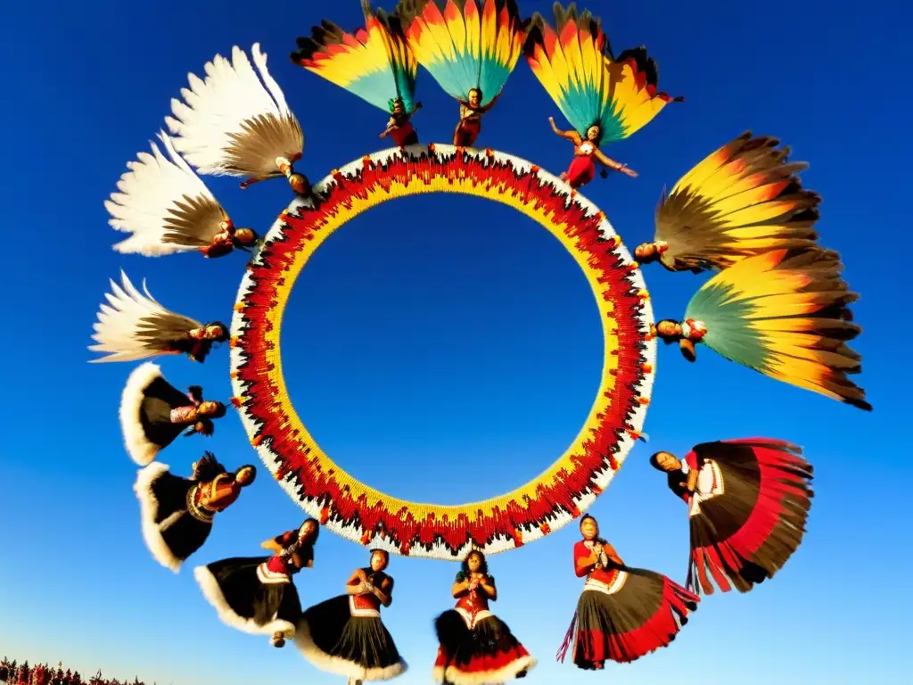 Grupo de bailarines nativos americanos en regalia tradicional en un festival de danza, bajo el cielo abierto