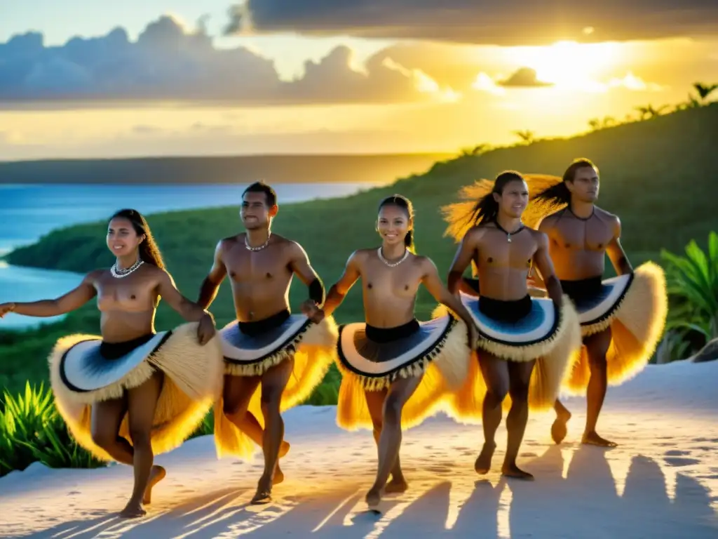 Un grupo de bailarines nauruanos con trajes tradicionales realizando un baile folclórico en el paisaje de Nauru al atardecer, mostrando la influencia cultural de la danza en Nauru