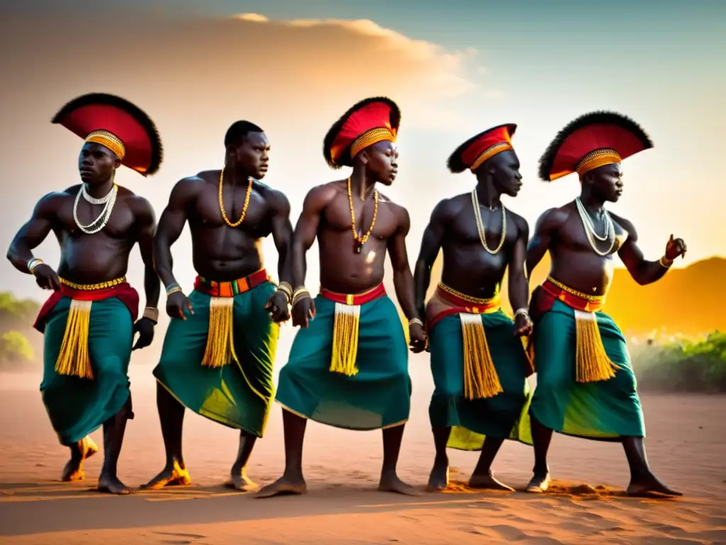 Un grupo de bailarines de Ndombolo en trajes tradicionales congoleños, capturados en un dinámico baile al atardecer, mostrando la historia y evolución de Ndombolo