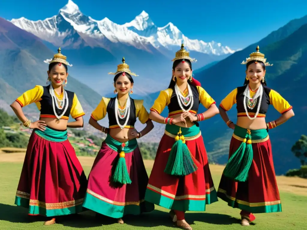 Grupo de bailarines nepaleses con trajes tradicionales coloridos, bailando con gracia frente a los majestuosos Himalayas