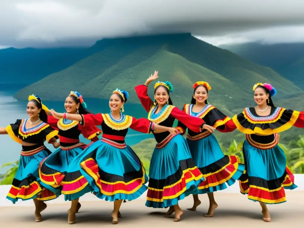 Grupo de bailarines nicaragüenses en trajes tradicionales realizando una danza, mostrando la importancia del vestuario en danzas