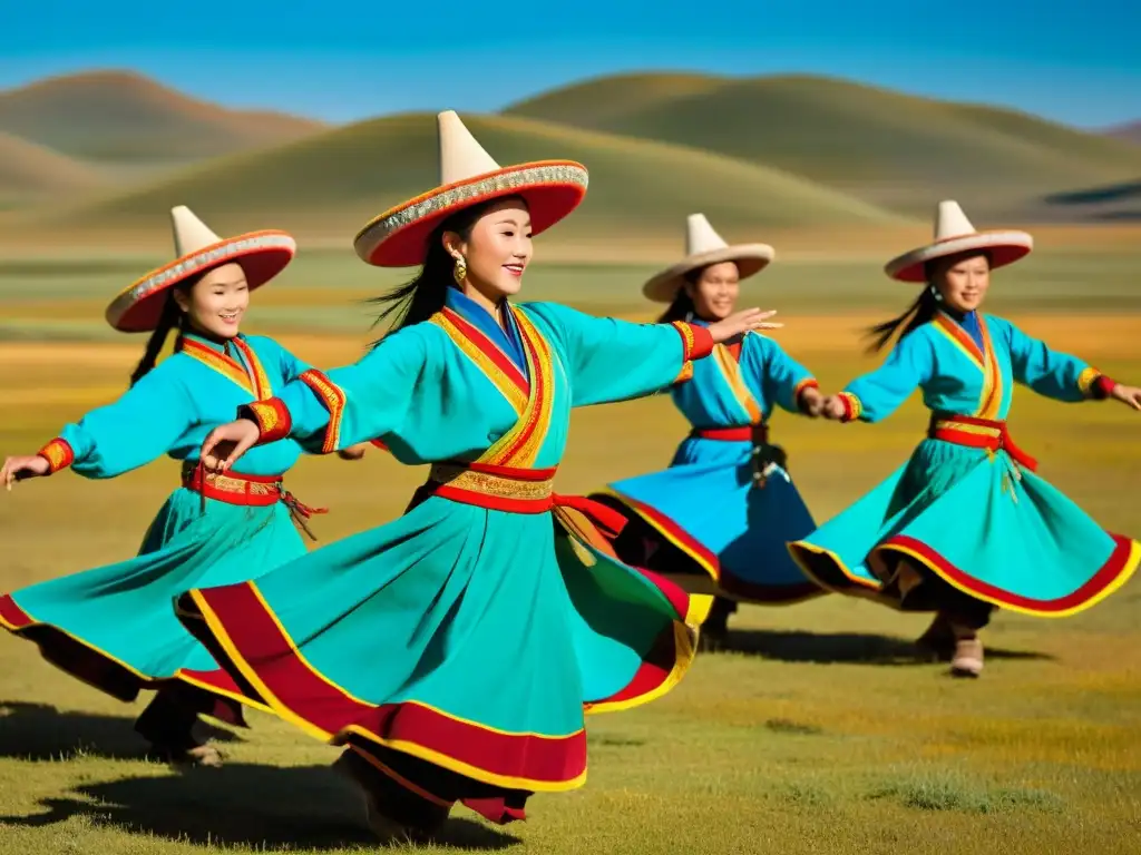 Un grupo de bailarines nómadas mongoles realiza la 'Danza del Sombrero de Mongolia' con gracia y coloridos trajes tradicionales, en la vasta estepa