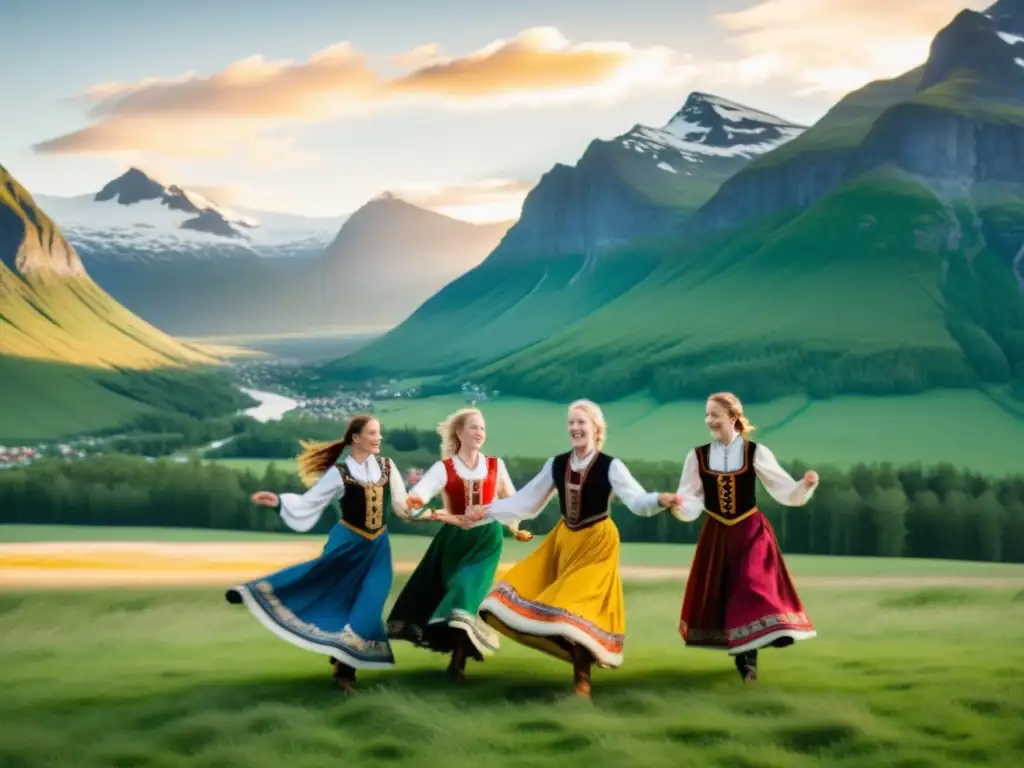 Un grupo de bailarines nórdicos folclóricos danza en un prado verde rodeado de montañas nevadas al atardecer