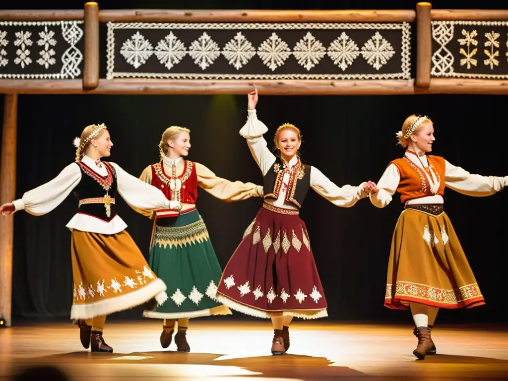 Grupo de bailarines nórdicos tradicionales en trajes folclóricos bordados, representando la rica herencia cultural de la región