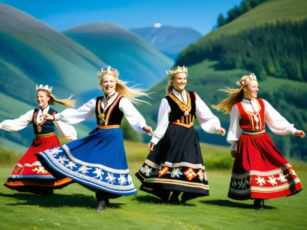 Grupo de bailarines nórdicos tradicionales con colorida indumentaria, girando en celebración en un paisaje natural