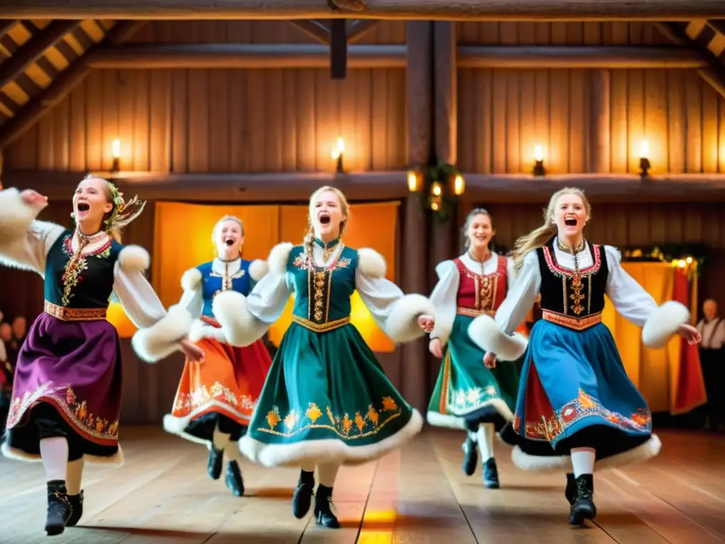 Grupo de bailarines nórdicos tradicionales con trajes coloridos y detallados, bailando con energía en un salón rústico iluminado por velas