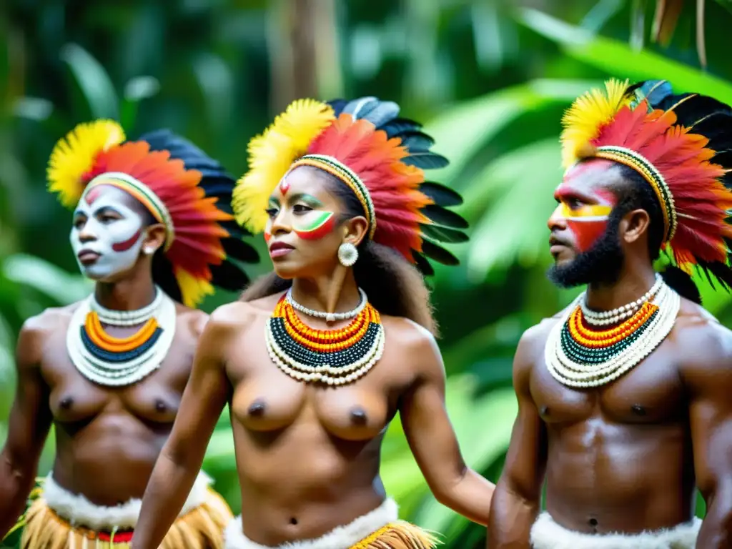 Un grupo de bailarines de Papúa Nueva Guinea executa una danza tradicional, luciendo plumas y collares de perlas