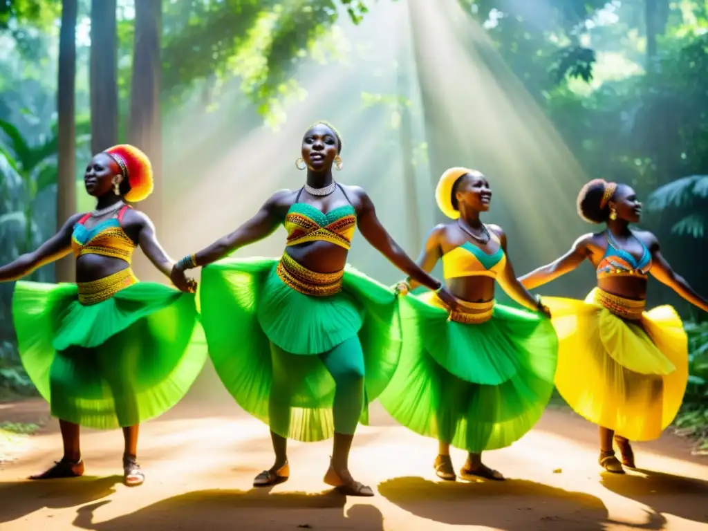 Grupo de bailarines de África Occidental danzando Bamboula en el bosque, exudando poder y gracia