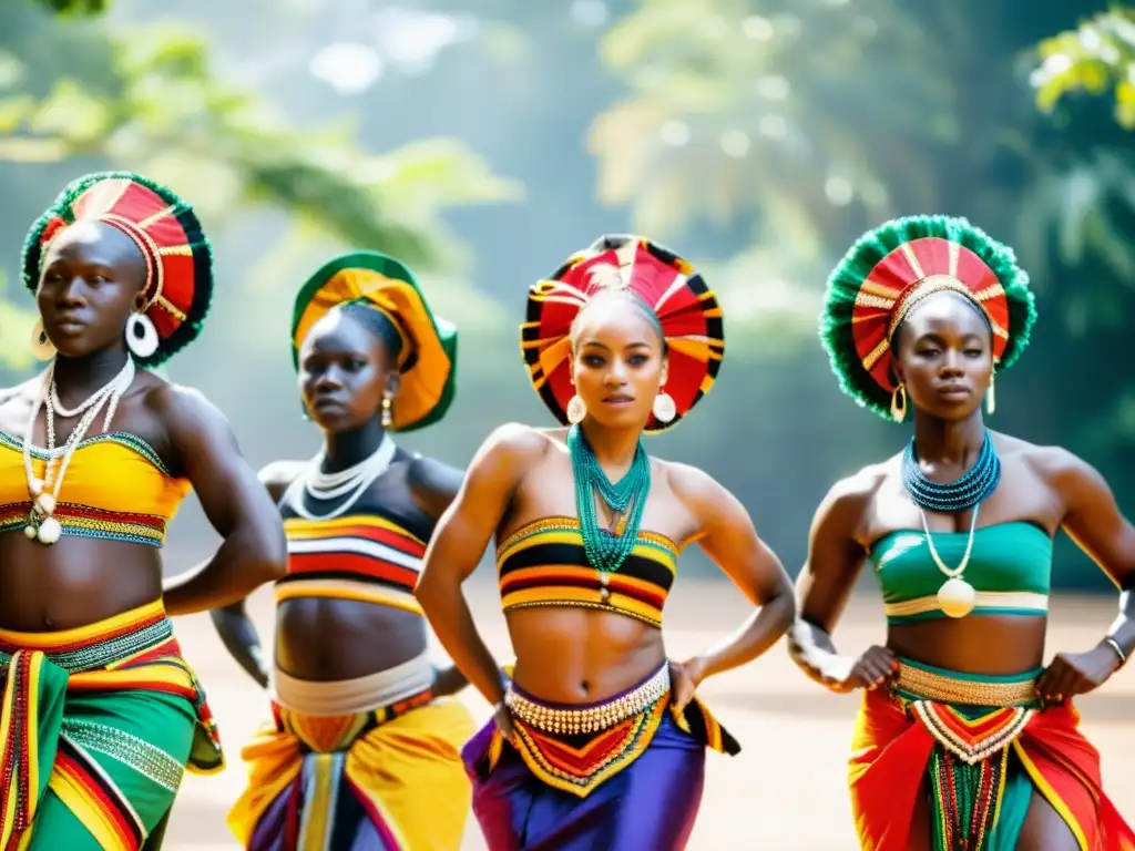 Grupo de bailarines de África Occidental con telas vibrantes y movimientos fluidos, capturando la Danza del Éxtasis en África Occidental