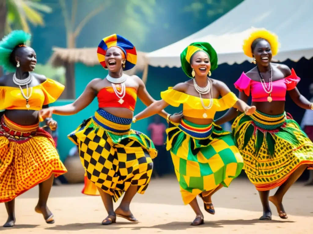 Grupo de bailarines de África Occidental ejecutando la vibrante danza Bamboula al aire libre, con trajes coloridos y energía contagiosa