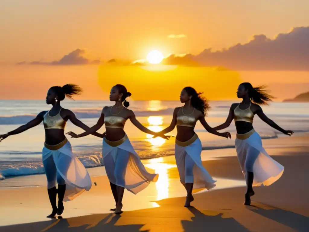 Grupo de bailarines oceánicos danzando al atardecer, expresando el poder curativo de las danzas oceánicas