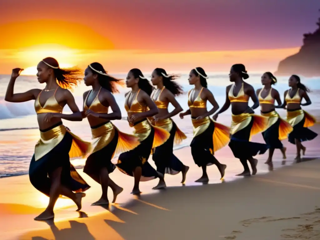 Un grupo de bailarines oceánicos realiza una danza tradicional en la playa al atardecer, con trajes vibrantes