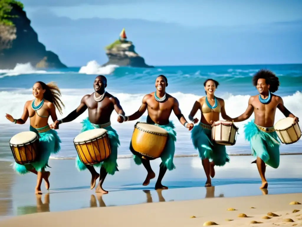 Grupo de bailarines oceánicos con trajes tradicionales, danzando al ritmo de la percusión en la playa